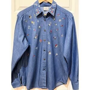 Vintage Koret City Blues Floral Embroidered Denim Shirt, Women's Size M